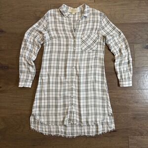 Cloth & Stone White Black Plaid Roll Tab Sleeve Shirt Dress Raw Hem Small